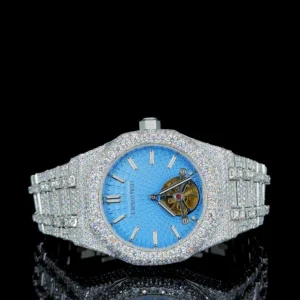 Iced Out Full White Blue Skeleton Diamond Watch By Aetherium Jewels