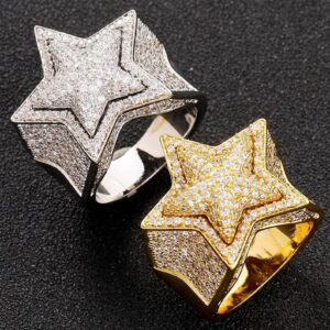 Iced Out Pentagram Star 3D Ring, Personalized Hip Hop Bling Fully 5A CZ Diamond Statement Ring By Aetherium Jewels