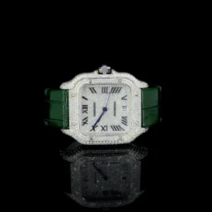 Moissenite Fully Iced Watch Green Leather By Aetherium Jewels