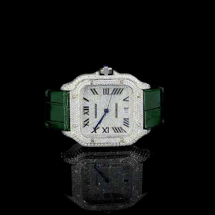 Moissenite Fully Iced Watch Green Leather By Aetherium Jewels