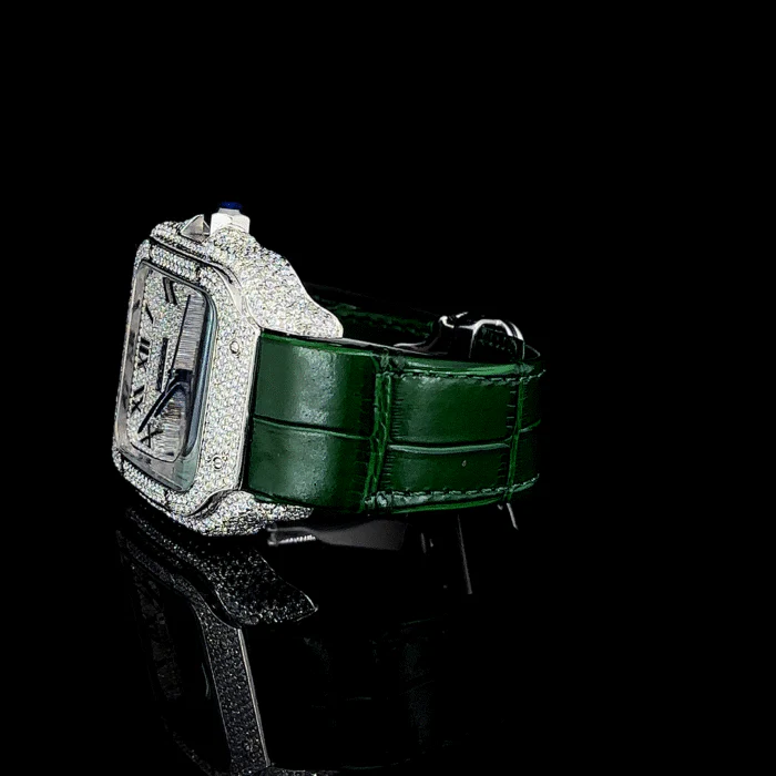 Moissenite Fully Iced Watch Green Leather By Aetherium Jewels - Image 2