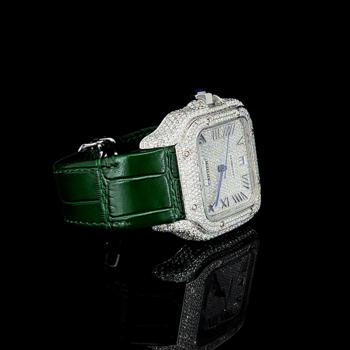 Moissenite Fully Iced Watch Green Leather By Aetherium Jewels - Image 3